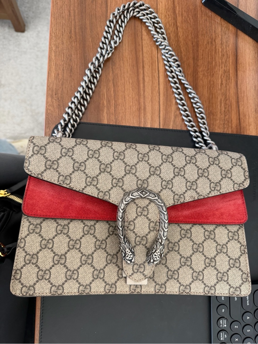 Gucci GG Supreme Canvas Shoulder Bag with Red Suede Accent